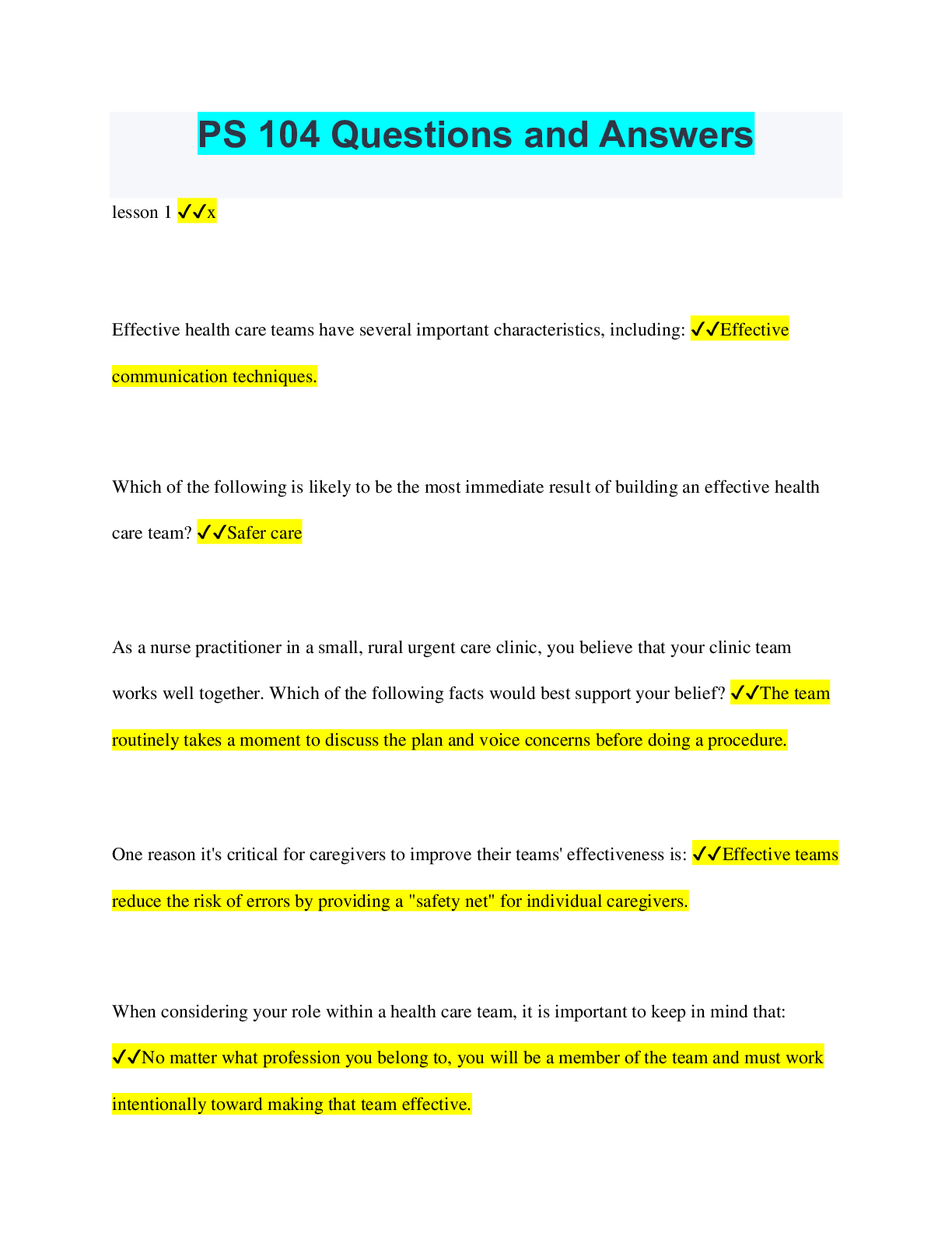 Preview of PS 104 Questions and Answers